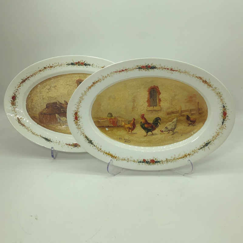Fransız Jules Depierre İmzalı Horoz ve Tavuk Figürle Yağlı boya el Boyamalı Porselen Çift Tabak