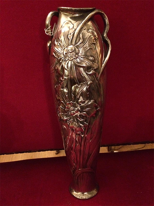 Fransız Art Nouveau Gümüş Kaplama Metal Vazo